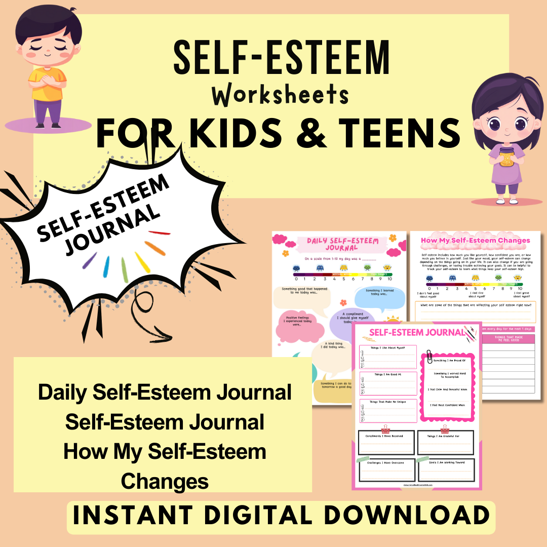 Self-Esteem Printable Bundle for Kids & Teens, My Strengths and Positive Qualities Worksheets, Daily Self-Esteem Help