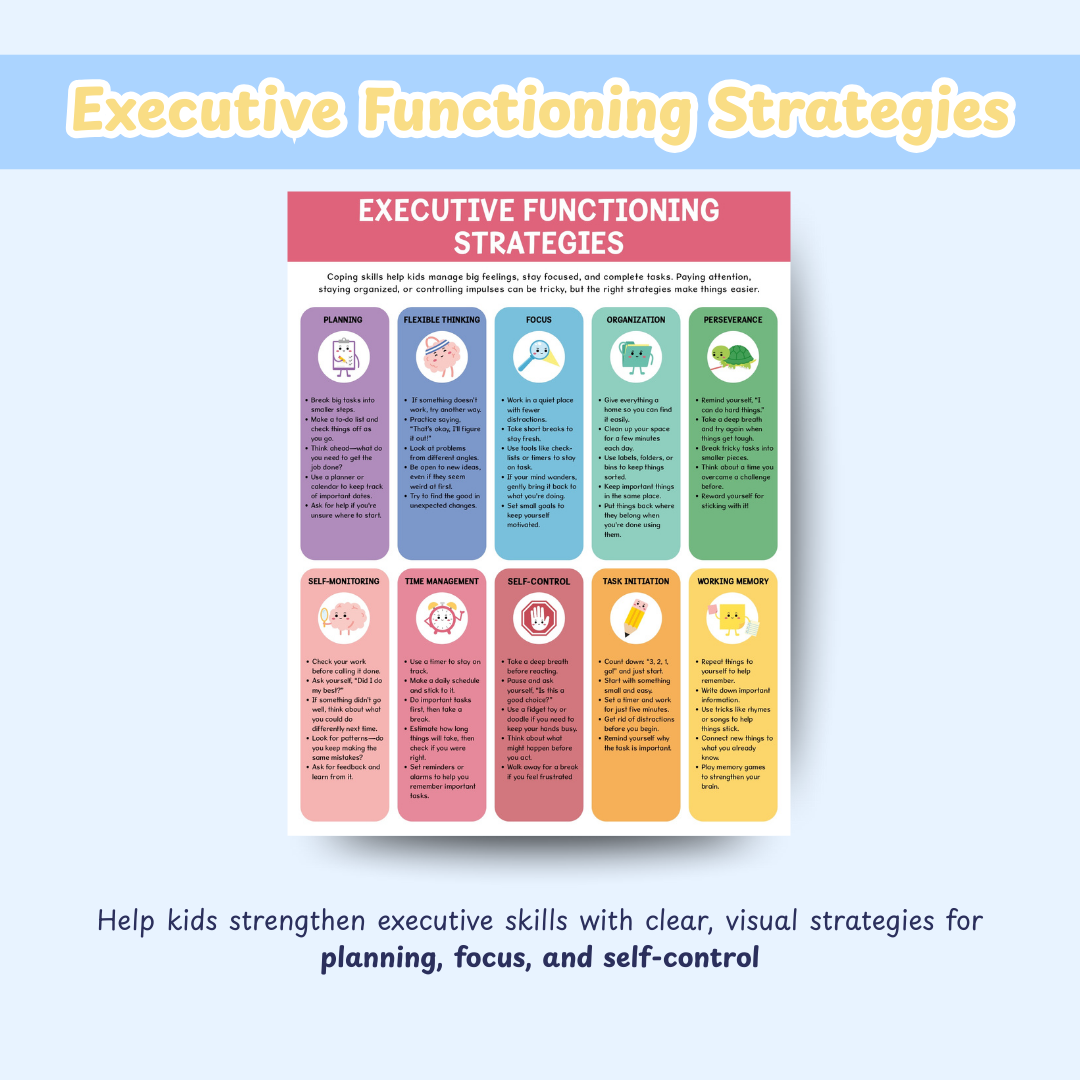 Kids ADHD Executive Functioning Success Pack, Calm Down Worksheets Kids Rewards, Family Daily Routine, Time Management, Breathing Exercises