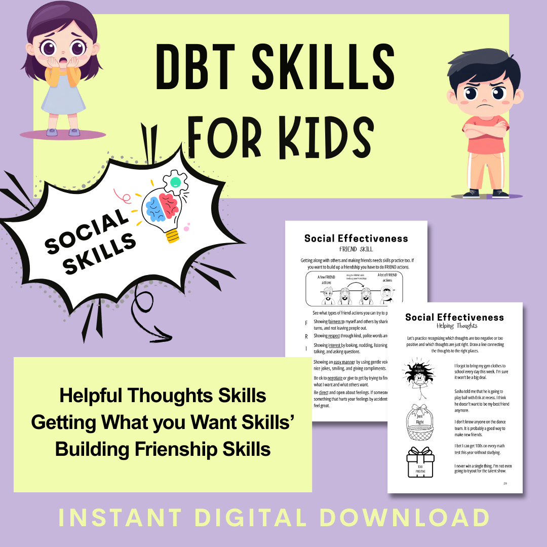 DBT Skills for Kids, Therapy Tools and Worksheets, Mental Health Printables, Cards, Instant Download