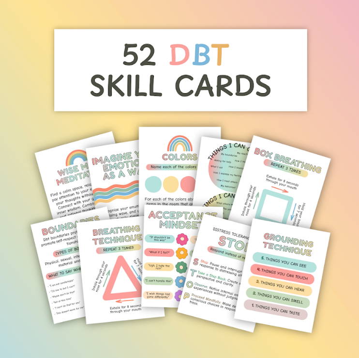 DBT Flashcards, 52 DBT Skill Cards, Therapy and Coping Skills, BPD, Mental Health