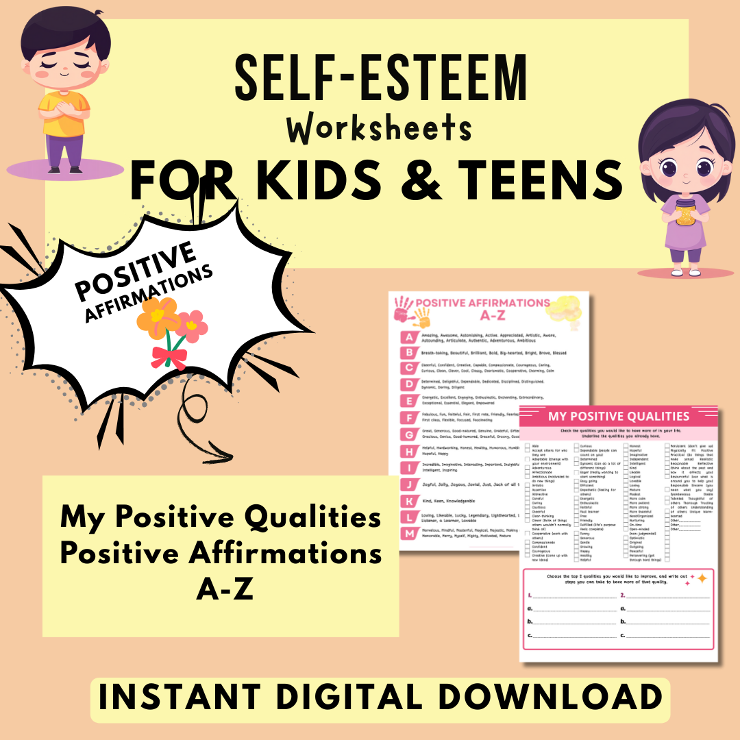 Self-Esteem Printable Bundle for Kids & Teens, My Strengths and Positive Qualities Worksheets, Daily Self-Esteem & Confidence