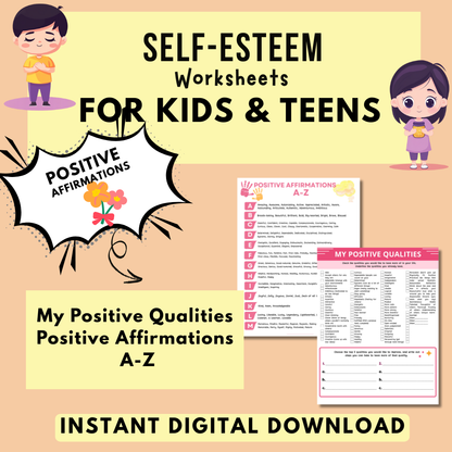 Self-Esteem Printable Bundle for Kids & Teens, My Strengths and Positive Qualities Worksheets, Daily Self-Esteem & Confidence
