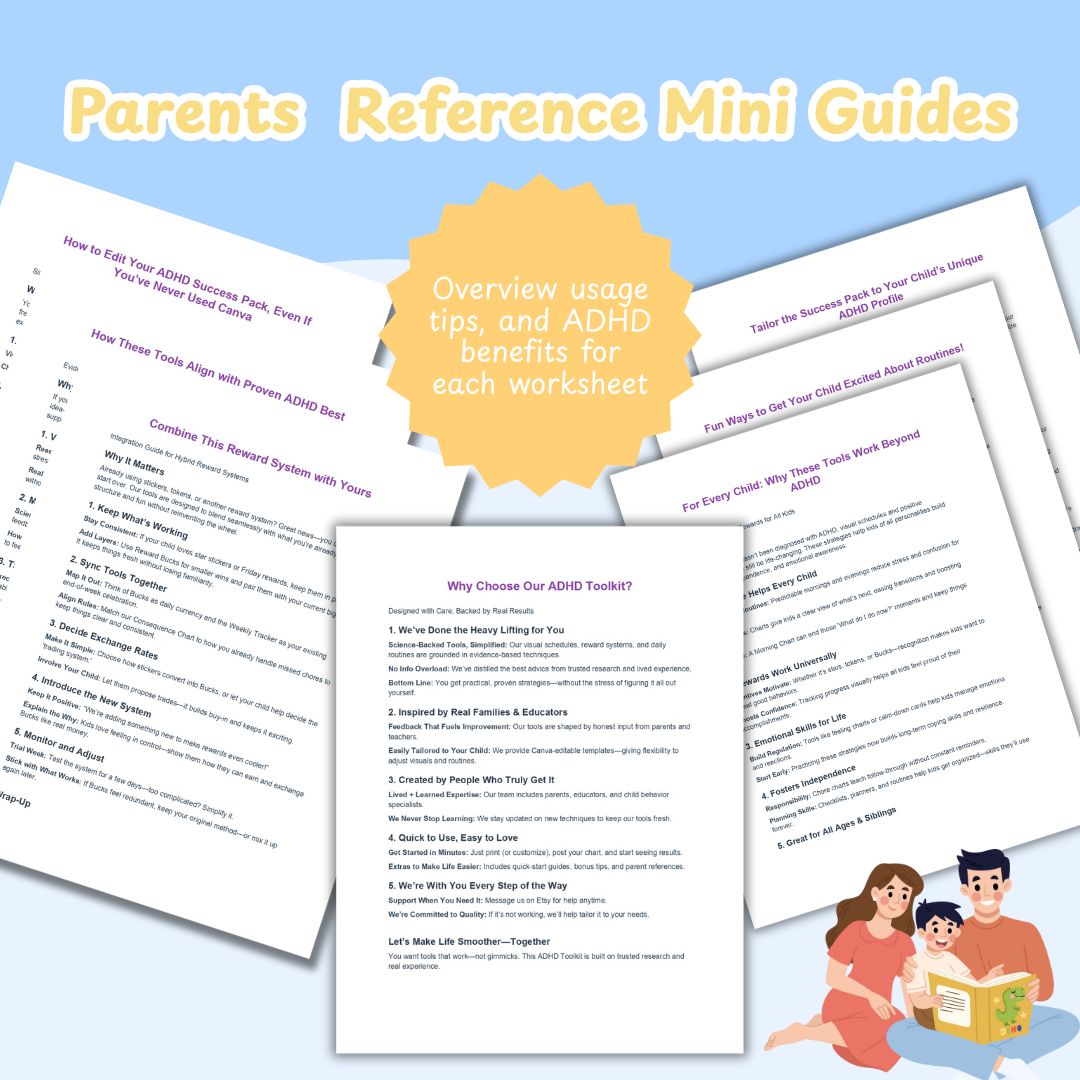 Kids ADHD Executive Functioning Success Pack, Calm Down Worksheets Kids Rewards, Family Daily Routine, Time Management, Breathing Exercises