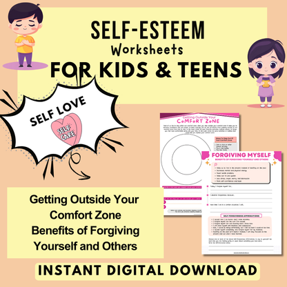 Self-Esteem Printable Bundle for Kids & Teens, My Strengths and Positive Qualities Worksheets, Daily Self-Esteem & Confidence