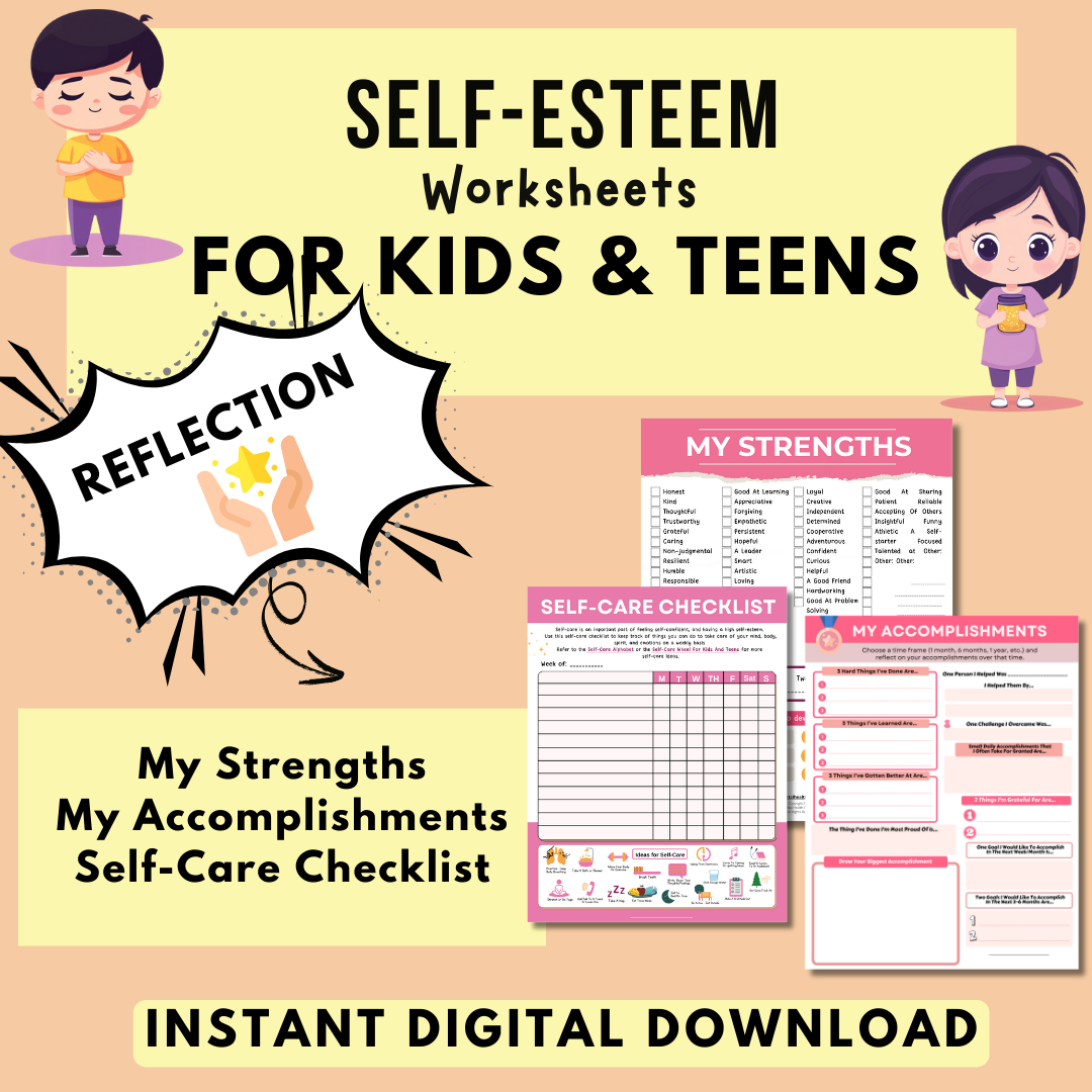 Self-Esteem Printable Bundle for Kids & Teens, My Strengths and Positive Qualities Worksheets, Daily Self-Esteem & Confidence