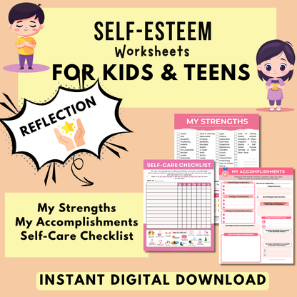 Self-Esteem Printable Bundle for Kids & Teens, My Strengths and Positive Qualities Worksheets, Daily Self-Esteem & Confidence