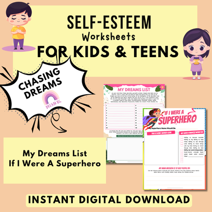 Self-Esteem Printable Bundle for Kids & Teens, My Strengths and Positive Qualities Worksheets, Daily Self-Esteem & Confidence
