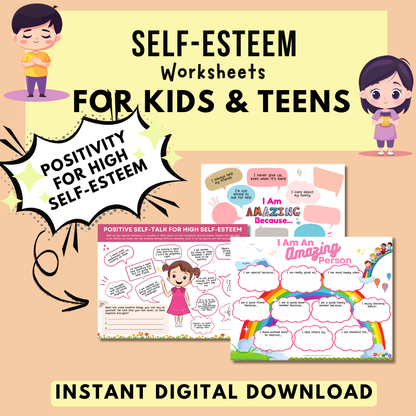 Self-Esteem Printable Bundle for Kids & Teens, My Strengths and Positive Qualities Worksheets, Daily Self-Esteem & Confidence