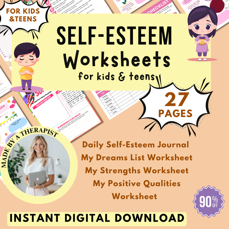Self-Esteem Printable Bundle for Kids & Teens, My Strengths and Positive Qualities Worksheets, Daily Self-Esteem Help