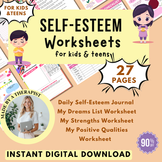 Self-Esteem Printable Bundle for Kids & Teens, My Strengths and Positive Qualities Worksheets, Daily Self-Esteem & Confidence
