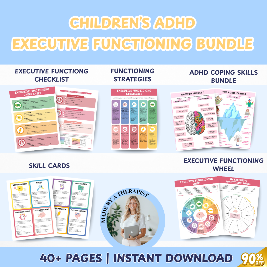 Kids ADHD Executive Functioning Success Pack, Calm Down Worksheets Kids Rewards, Family Daily Routine, Time Management, Breathing Exercises