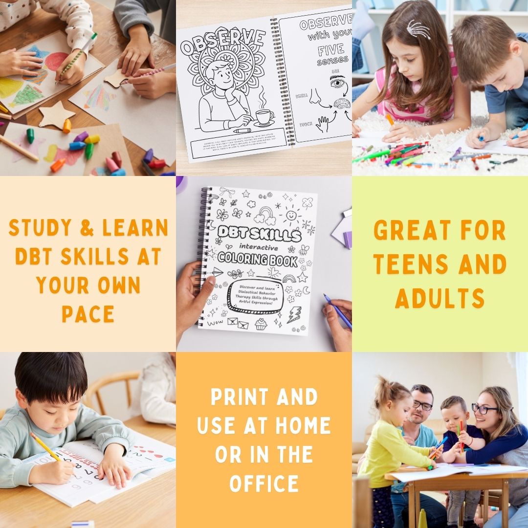 DBT Coloring Book, Dialectical Behavior Therapy Worksheet Bundle, Mental Health & Coping Skills