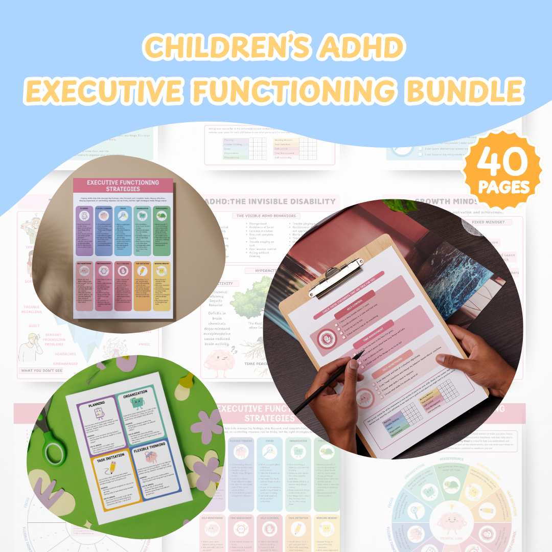 Kids ADHD Executive Functioning Success Pack, Calm Down Worksheets Kids Rewards, Family Daily Routine, Time Management, Breathing Exercises