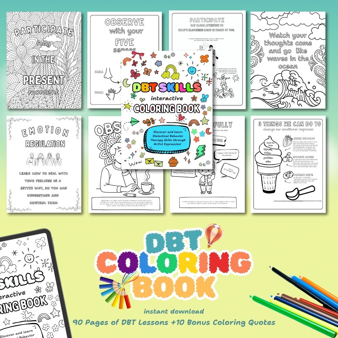 DBT Coloring Book, Dialectical Behavior Therapy Worksheet Bundle, Mental Health & Coping Skills