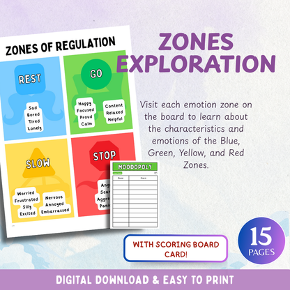 Moodopoly, Zones of Regulation Board Game, Instant Download & Print, Emotional Tools for Kids